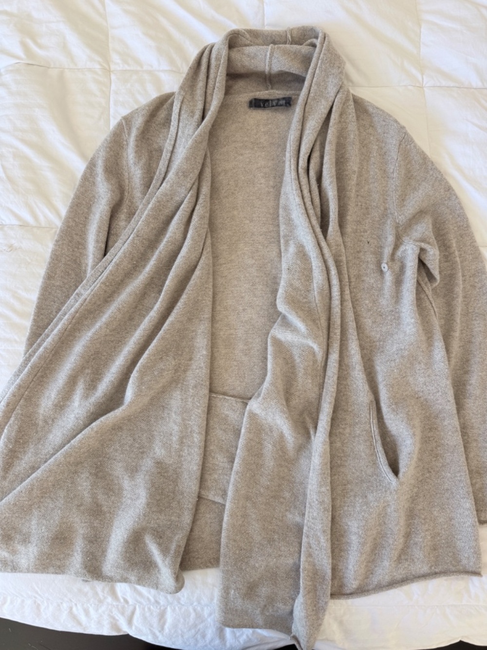 Velvet Open Front Draped Cardigan in Light Taupe